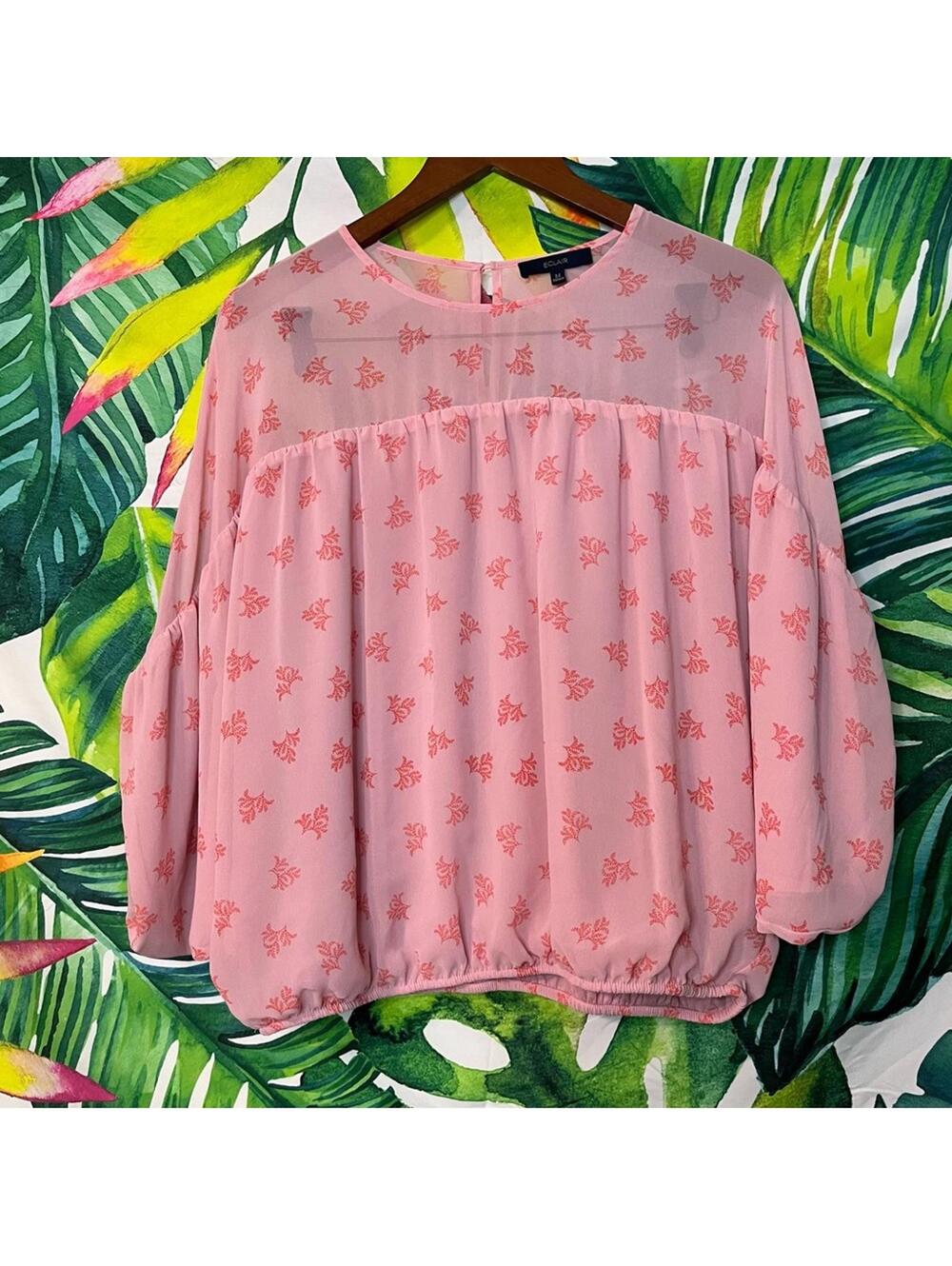 Eclair Brand Medium Pink Sheer Neckline Dolman Bubble Hem 3/4 Slv Spring Blouse